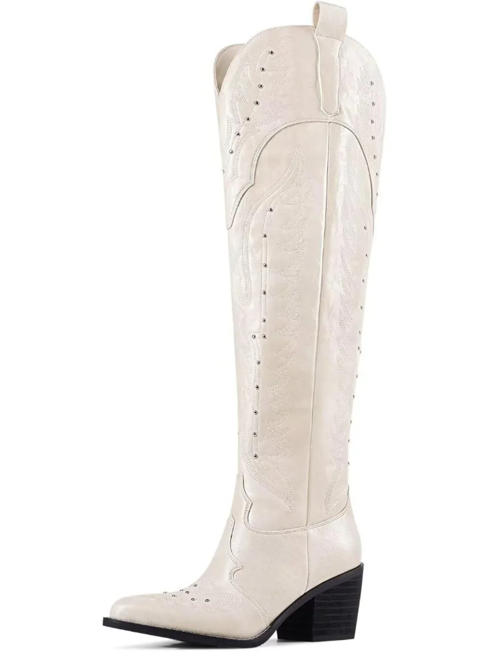 Women's White Embroidered Pointed Toe Wide Calf Chunky Over The Knee High Boots